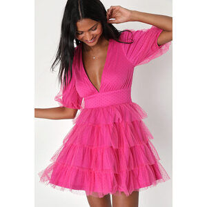 Lulus Dramatic Poise Hot Pink Dot Tulle Puff Sleeve Tiered Mini Dress - Size M